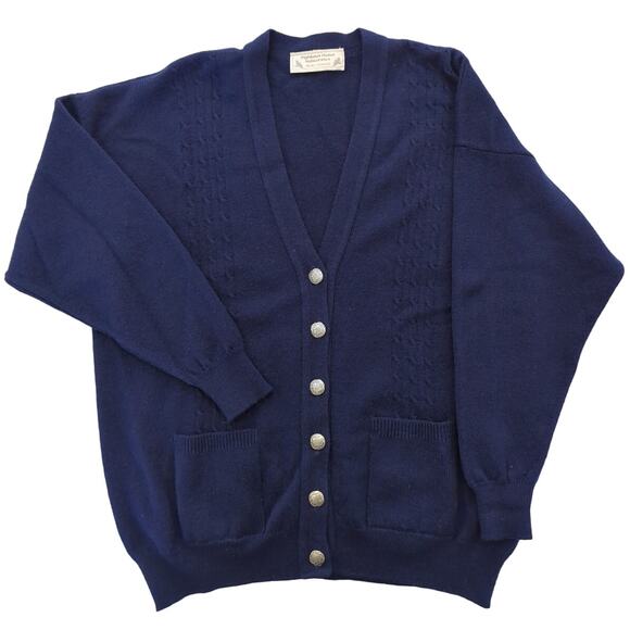 VTG Highland Home Industries Lambswool Navy Blue 6 Button Cardigan Women Size L - Picture 1 of 8